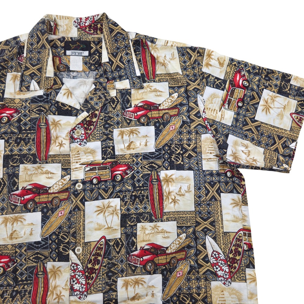 VTG FINS Hawaiian Shirt Woodie Surfboard Palm Tree‎ AOP Resortcore Mens XL
